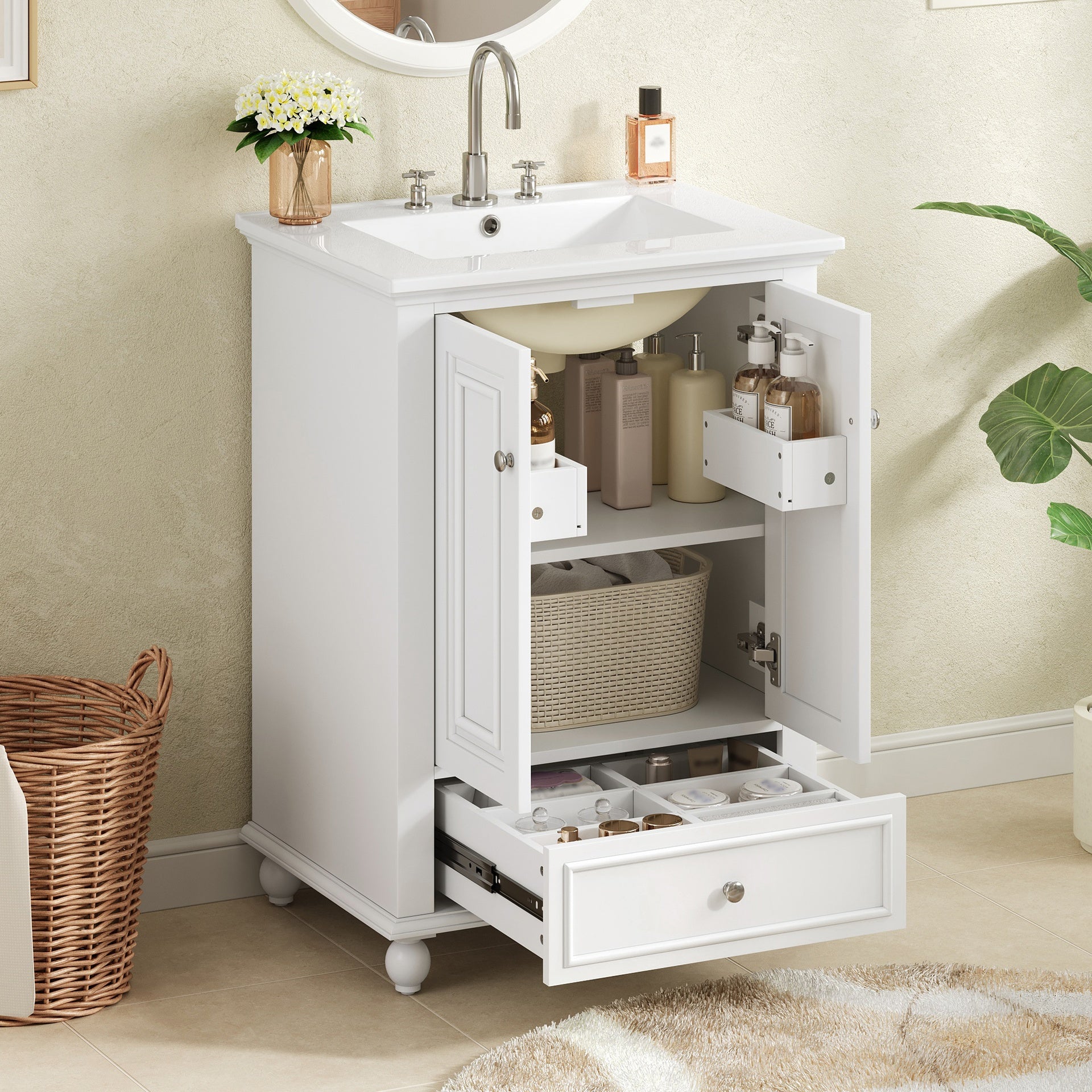 24'' Bathroom Vanity with Ceramic Sink, Bathroom Storage Cabinet with Soft Closing Doors, Bathroom Cabinet with Drawer and Drawer Dividers