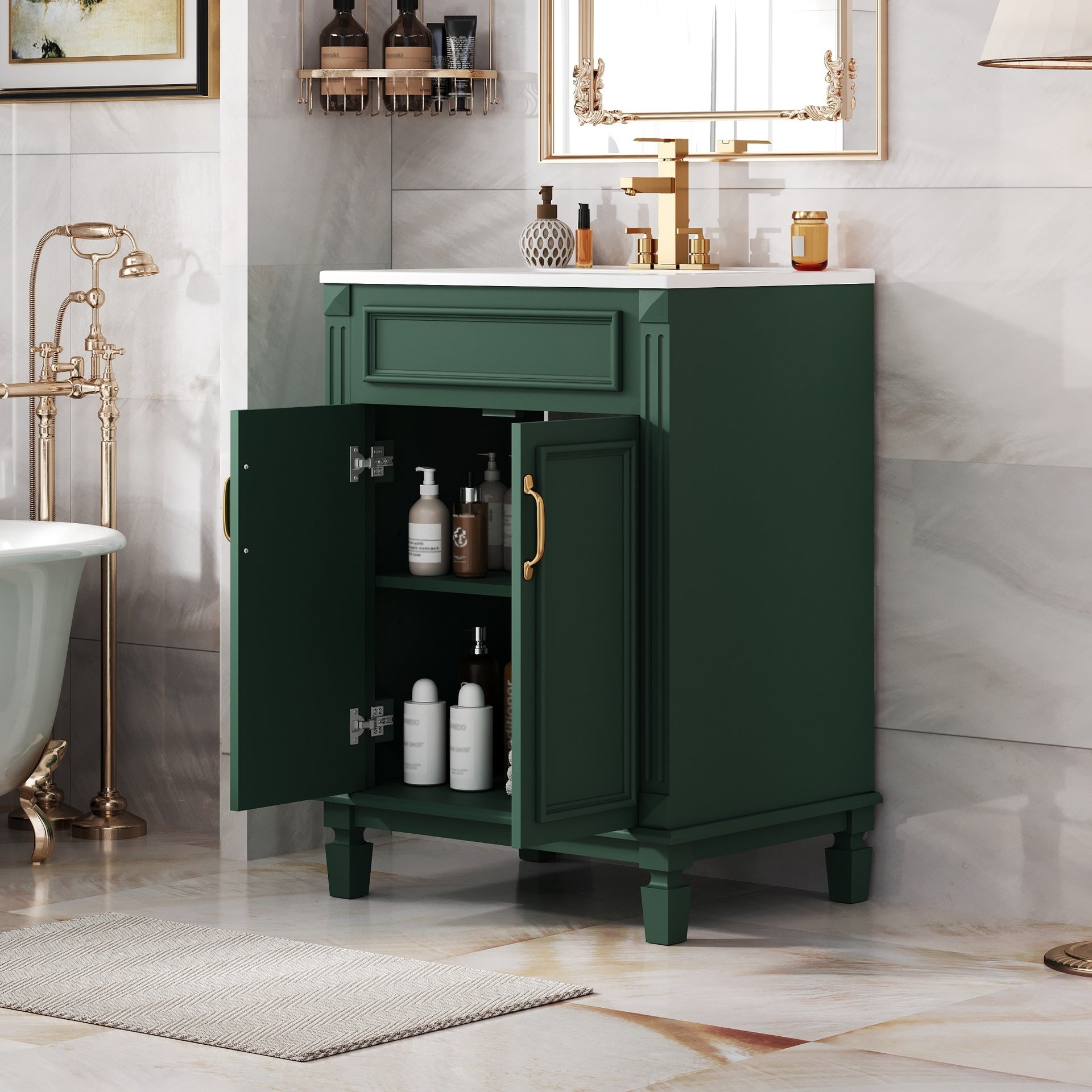 24'' Bathroom Vanity with Top Sink, Modern Bathroom Storage Cabinet with 2 Soft-Closing Doors and Adjustable Shelf, Solid Wood Frame.
