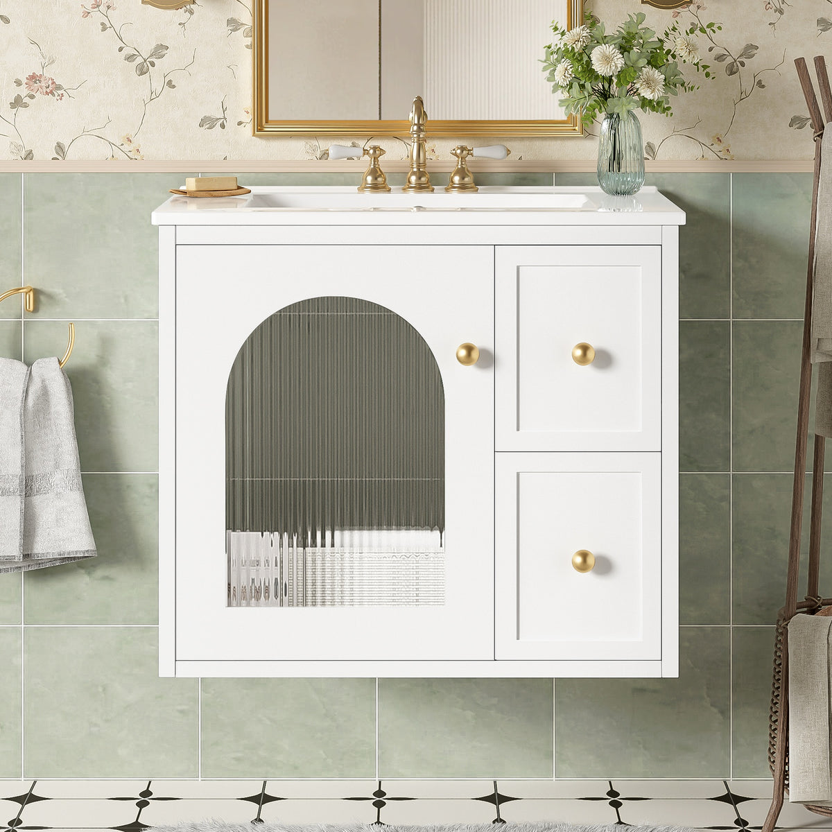 24" Bathroom Vanity Set Wall Mounted for Small Space, Bathroom Cabinet with Ceramic Sink, 2 Drawers and 1 Soft-Close Door