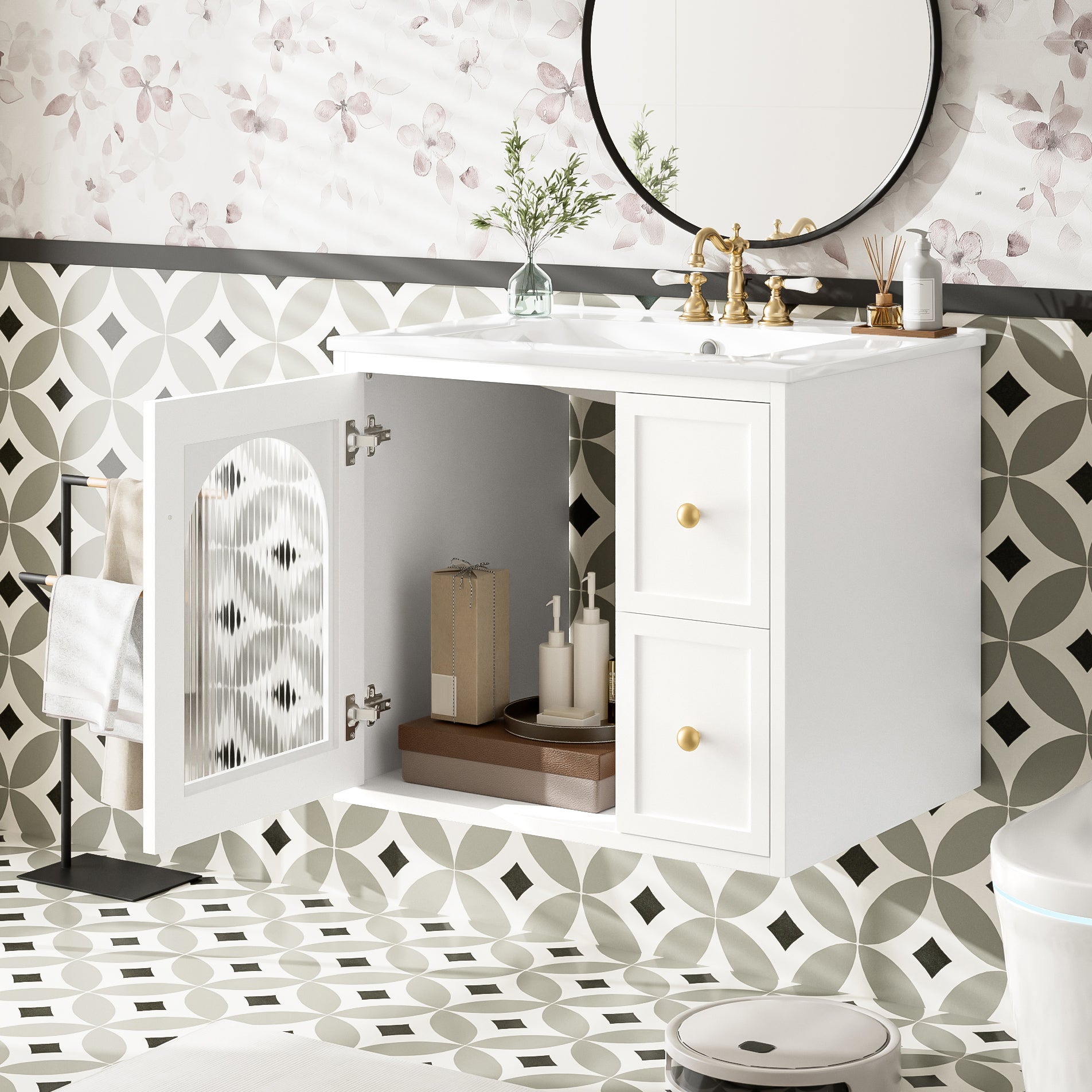 24" Bathroom Vanity Set Wall Mounted for Small Space, Bathroom Cabinet with Ceramic Sink, 2 Drawers and 1 Soft-Close Door