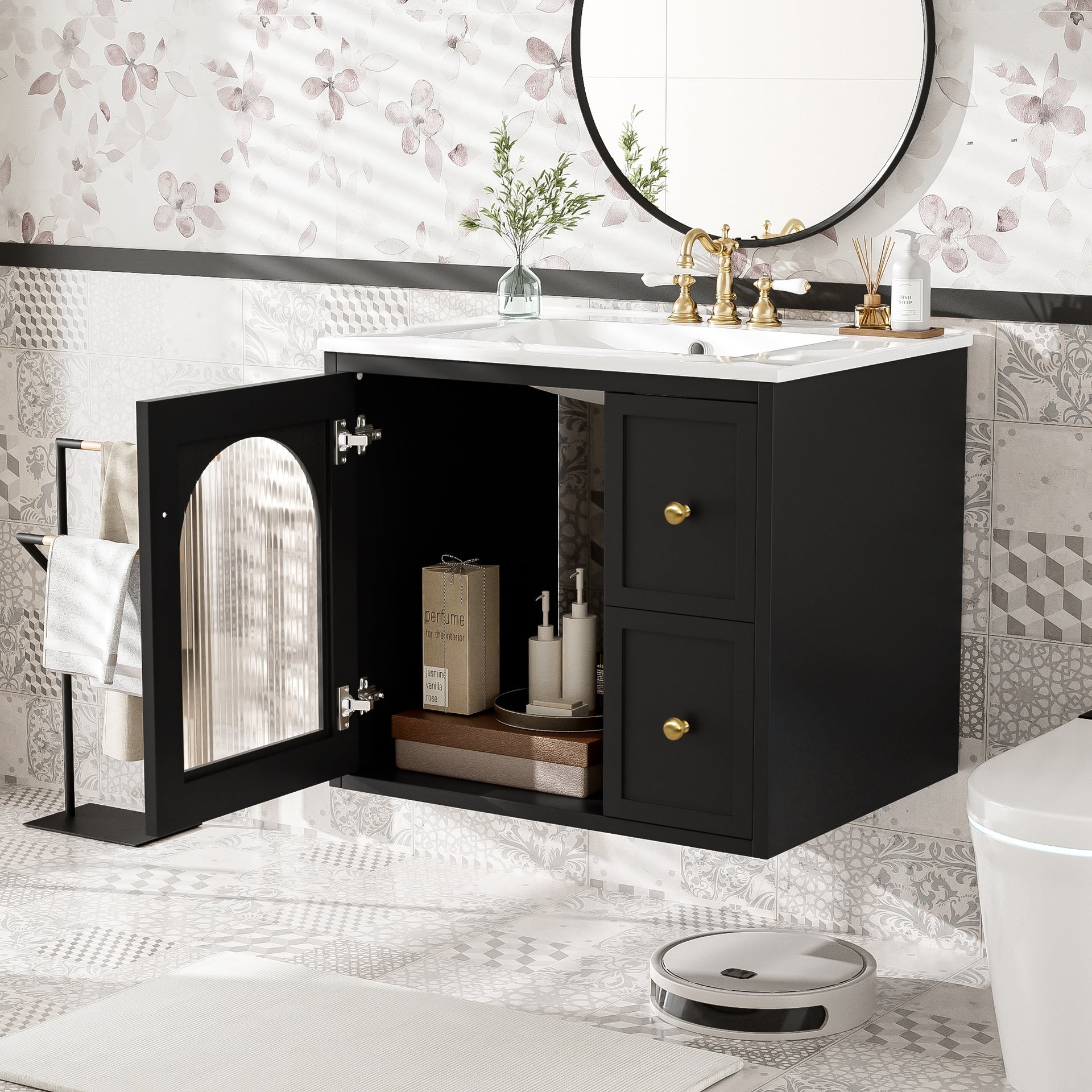 24" Bathroom Vanity Set Wall Mounted for Small Space, Bathroom Cabinet with Ceramic Sink, 2 Drawers and 1 Soft-Close Door