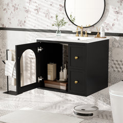 24" Bathroom Vanity Set Wall Mounted for Small Space, Bathroom Cabinet with Ceramic Sink, 2 Drawers and 1 Soft-Close Door