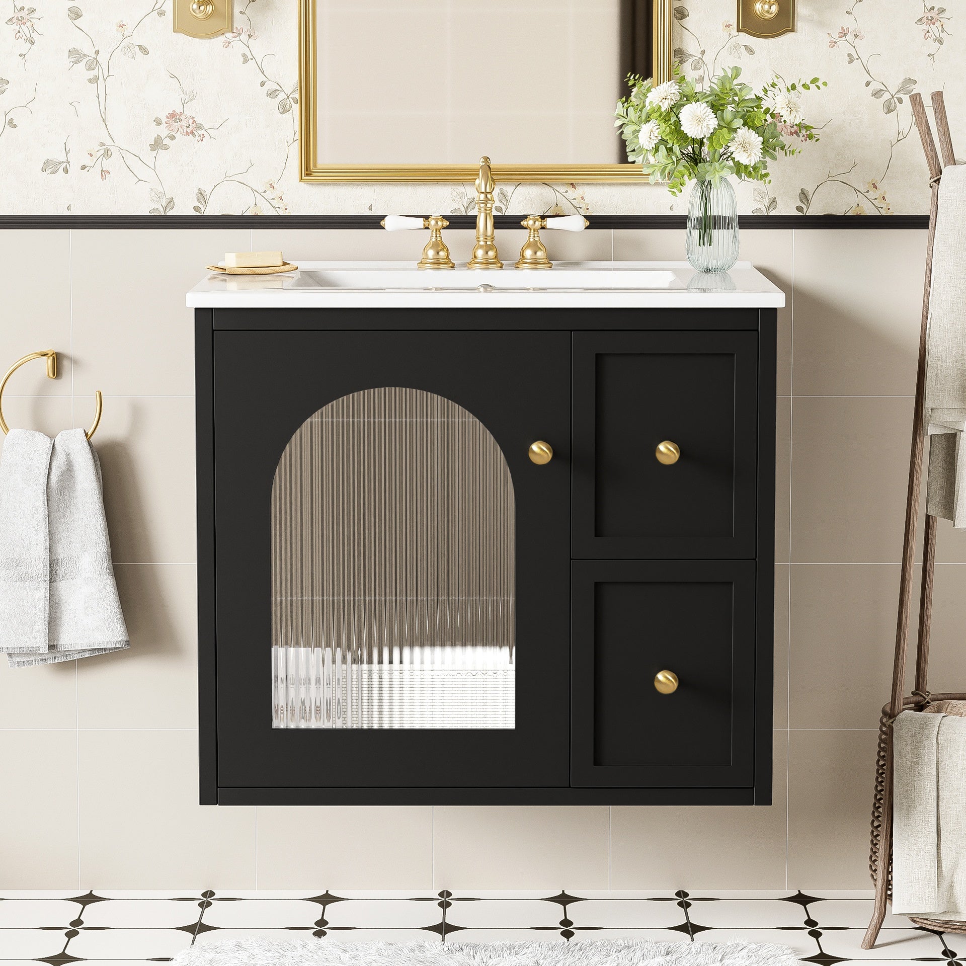 24" Bathroom Vanity Set Wall Mounted for Small Space, Bathroom Cabinet with Ceramic Sink, 2 Drawers and 1 Soft-Close Door