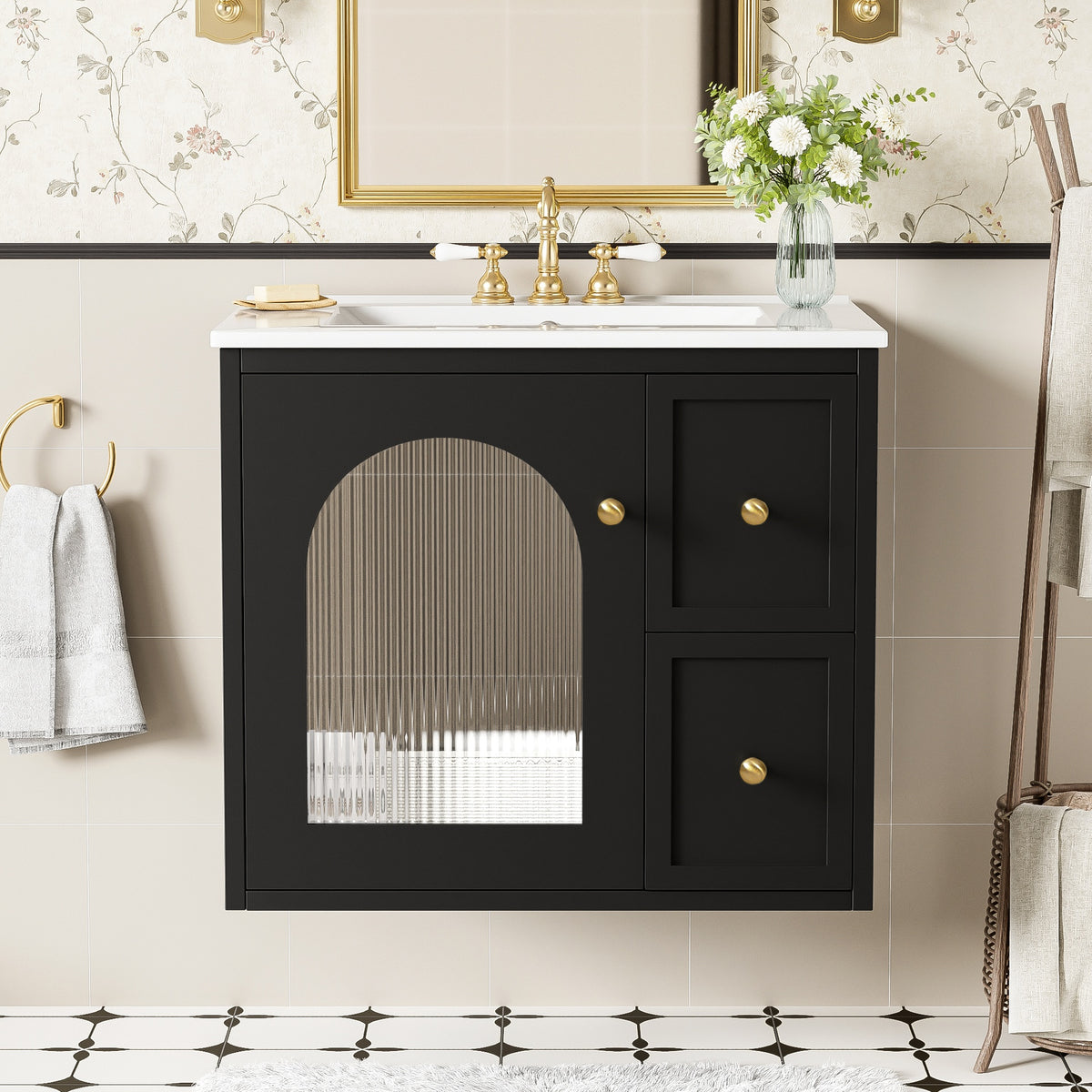24" Bathroom Vanity Set Wall Mounted for Small Space, Bathroom Cabinet with Ceramic Sink, 2 Drawers and 1 Soft-Close Door