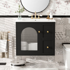 24" Bathroom Vanity Set Wall Mounted for Small Space, Bathroom Cabinet with Ceramic Sink, 2 Drawers and 1 Soft-Close Door