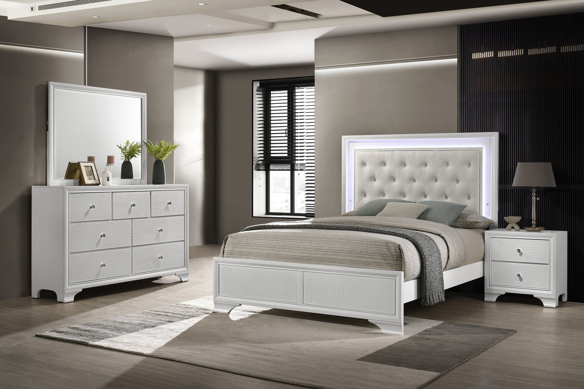 1pc Modern White Textured Finish Tufted Headboard Upholstered Integrated LED Lighting King Size Panel Bed Button Tufted Wooden Bedroom Furniture