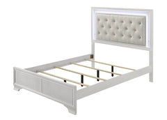 1pc Modern White Textured Finish Tufted Headboard Upholstered Integrated LED Lighting King Size Panel Bed Button Tufted Wooden Bedroom Furniture