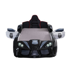 Modern Novelty Style Twin Size Police Car Bed Two Magnetic Doors LED On Wheels And Bottom Race Car Design Upholstery Headboard Black And White Finish