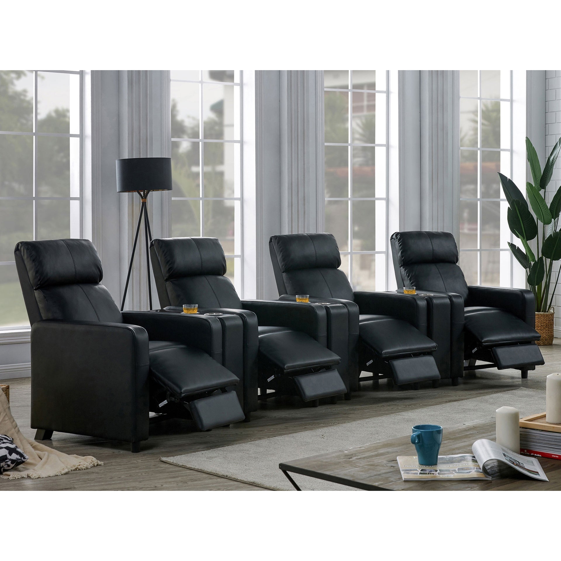 Warren Black Upholstered 4-seater Home Theater with 3 Wedge Consoles
