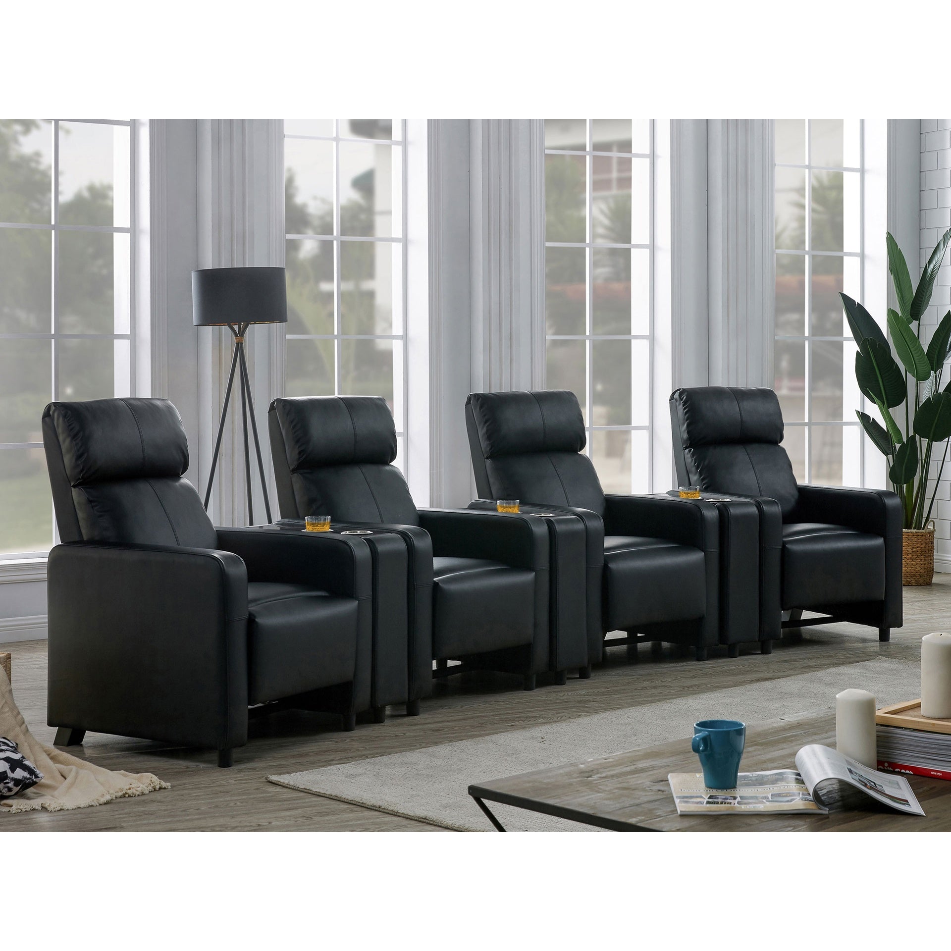 Warren Black Upholstered 4-seater Home Theater with 3 Wedge Consoles