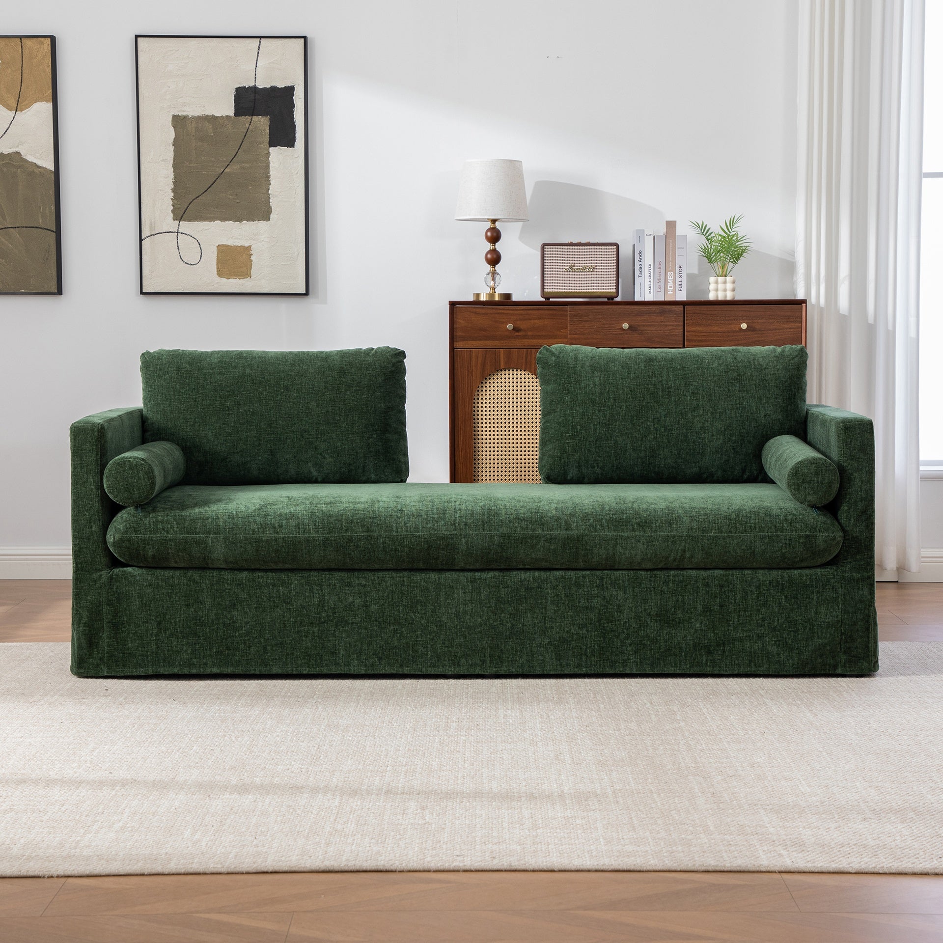 82.68" Wide Extra-large Double-seater Sofa, Chenille Upholstered, With Two Armrest Pillows And Two Backrest Pillows, Suitable For Bedrooms, Living Rooms, And Window Seating.Green