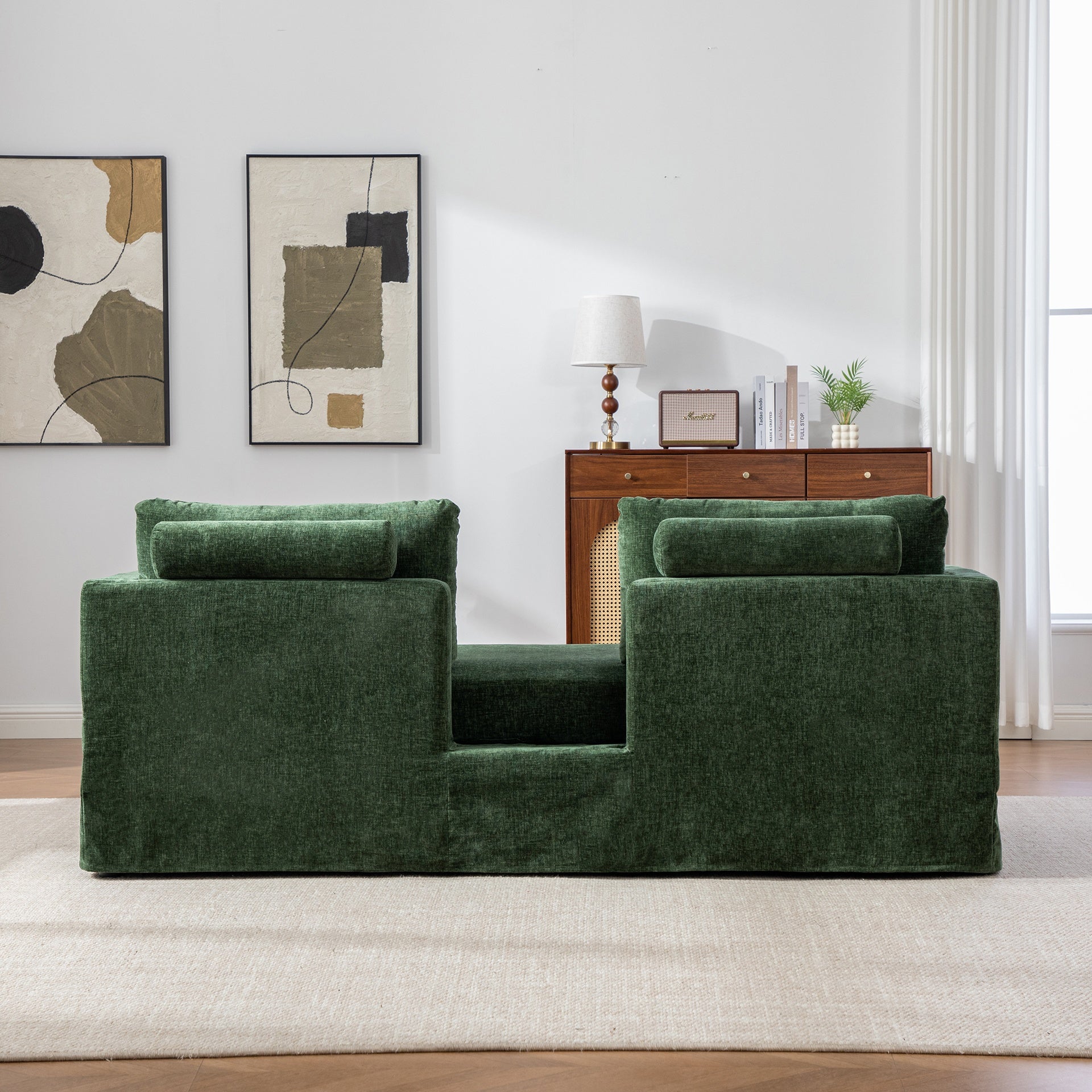 82.68" Wide Extra-large Double-seater Sofa, Chenille Upholstered, With Two Armrest Pillows And Two Backrest Pillows, Suitable For Bedrooms, Living Rooms, And Window Seating.Green