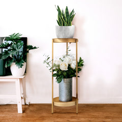Modern Folding Metal 2-Tier Plant Stand Potted Plant Holder Shelf with 2 Round Trays Indoor Outdoor, Versatile