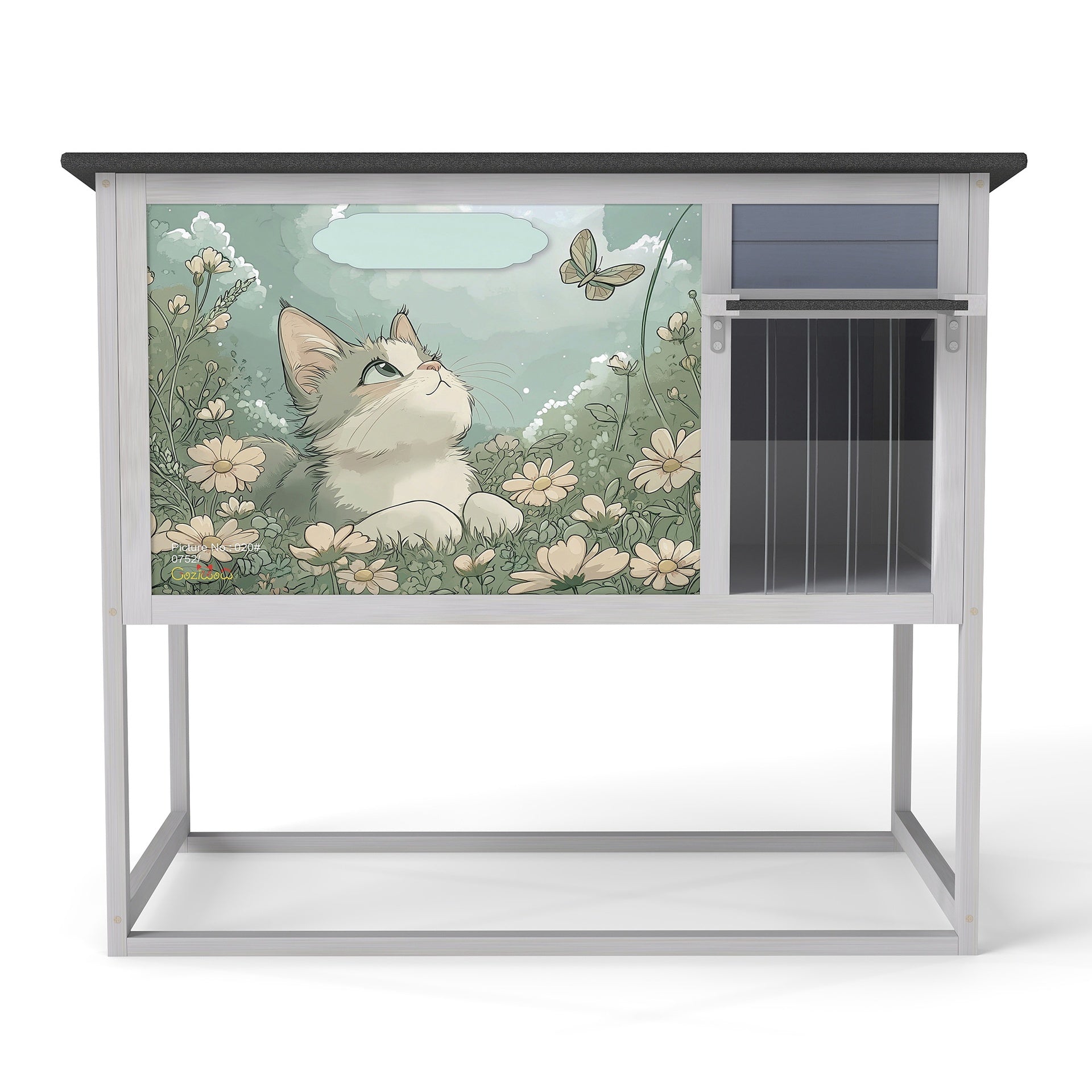 Weatherproof Outdoor Cat House, Elevated Feral Cat Shelter with High Legs, Curtained Door, Escape Door, Openable Top, Gray with Patterned Panel