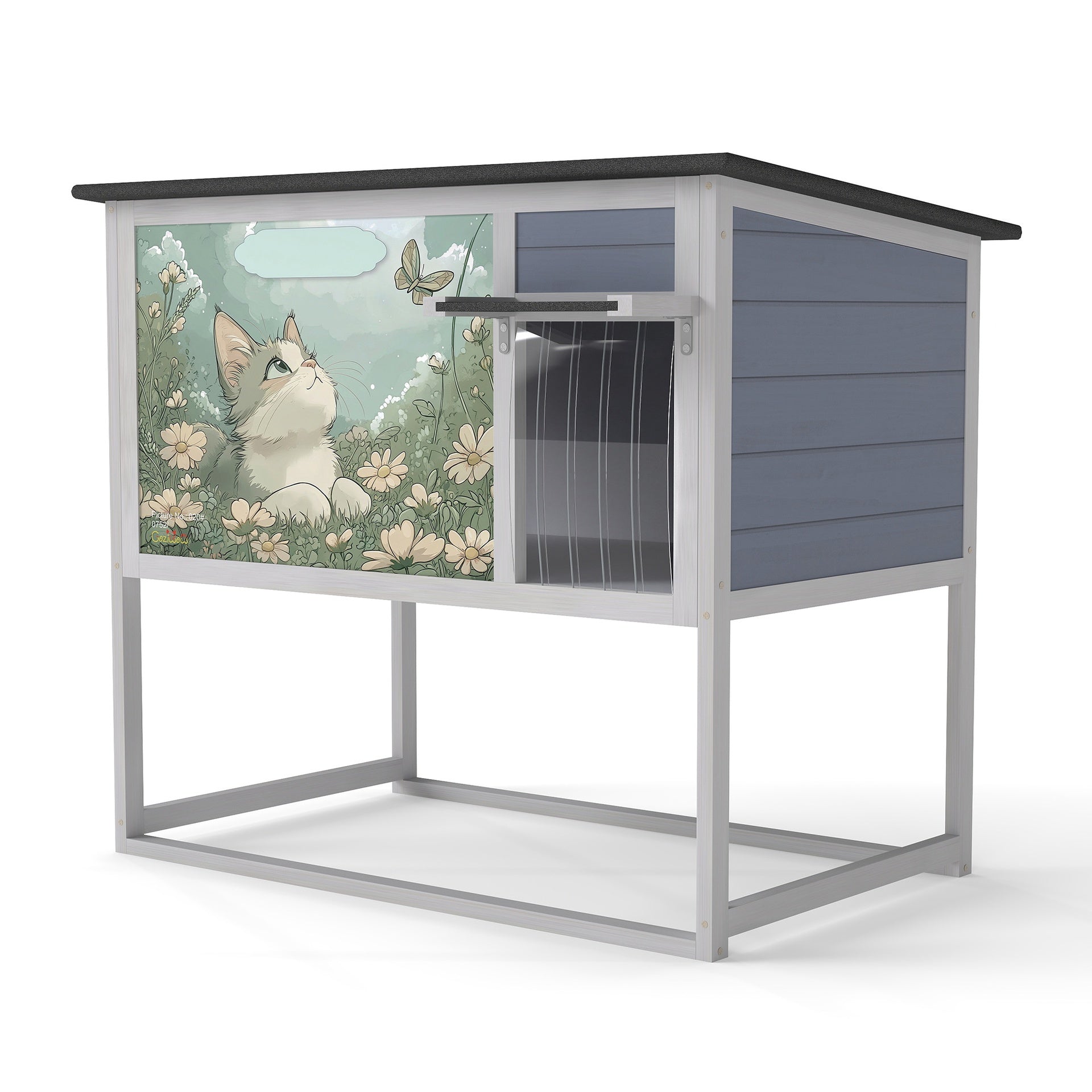 Weatherproof Outdoor Cat House, Elevated Feral Cat Shelter with High Legs, Curtained Door, Escape Door, Openable Top, Gray with Patterned Panel