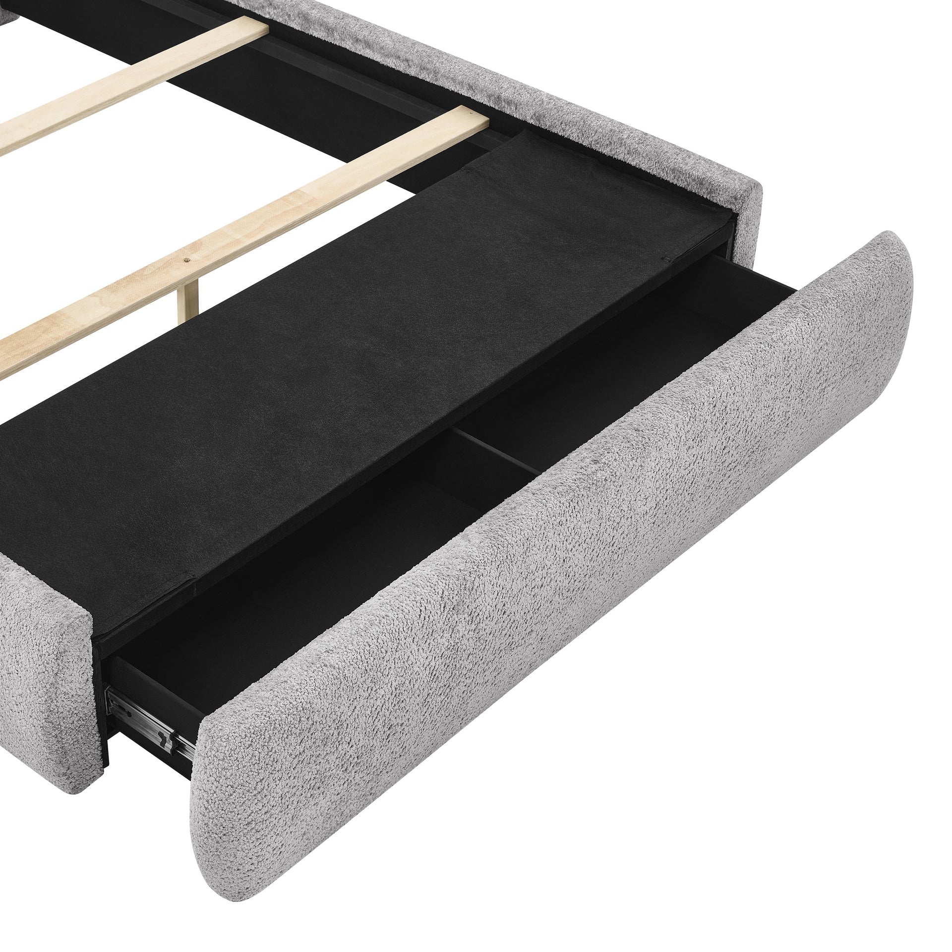 1pc King Size Luxurious Bed Frame Upholstered in a Soft Chenille Fabric High Padded Headboard Sleek Footboard Features Integrated Functionality Offering Hidden Storage Bedroom Furniture Pewter Color