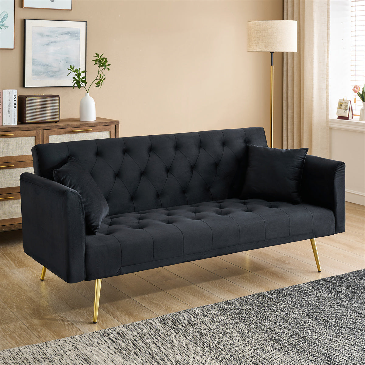 71-inch foldable double sofa, with American retro style, made of black velvet material, suitable for small living rooms, bedrooms and offices.