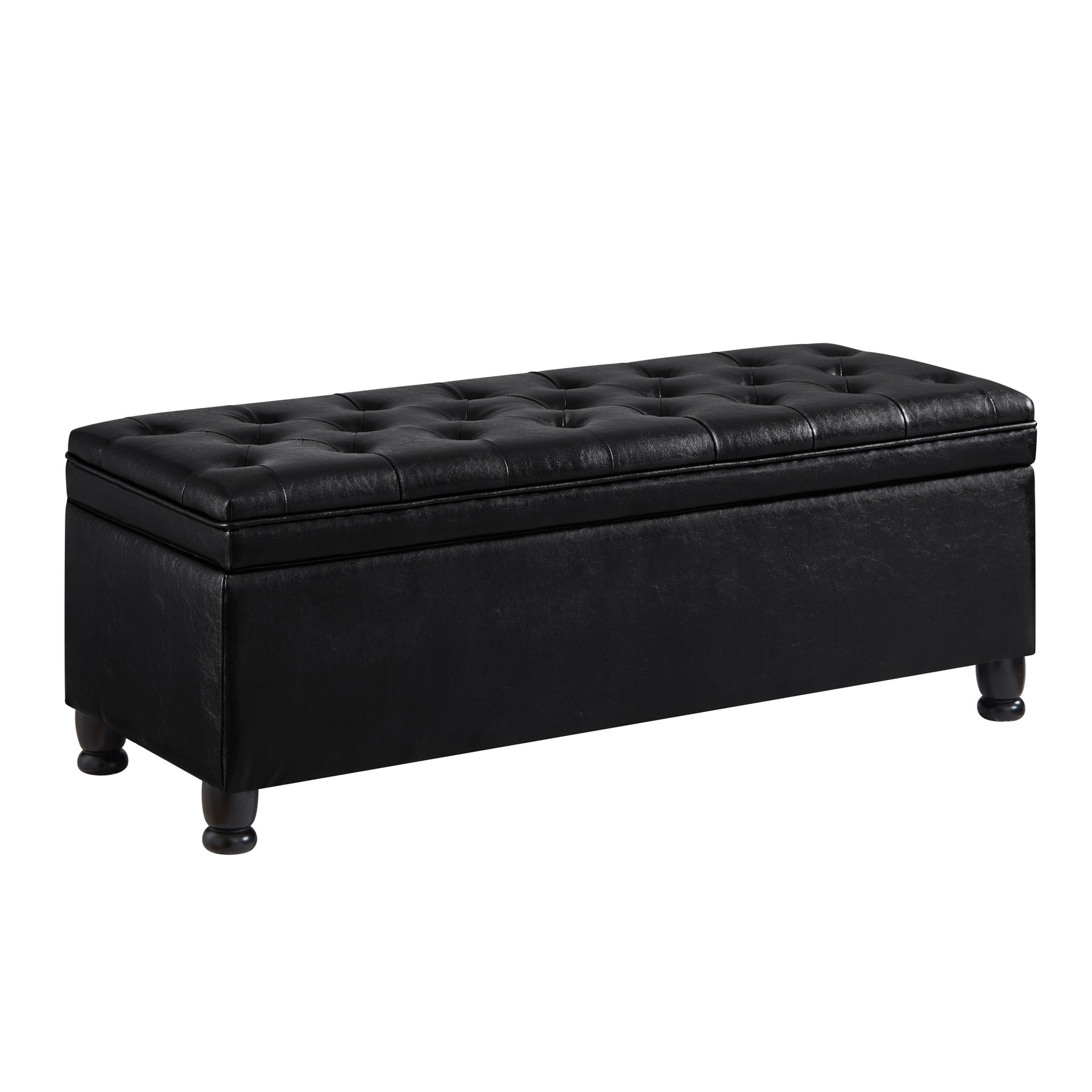 Upholstered tufted button storage bench ,Faux leather entry bench with spindle wooden legs, Bed bench- Black