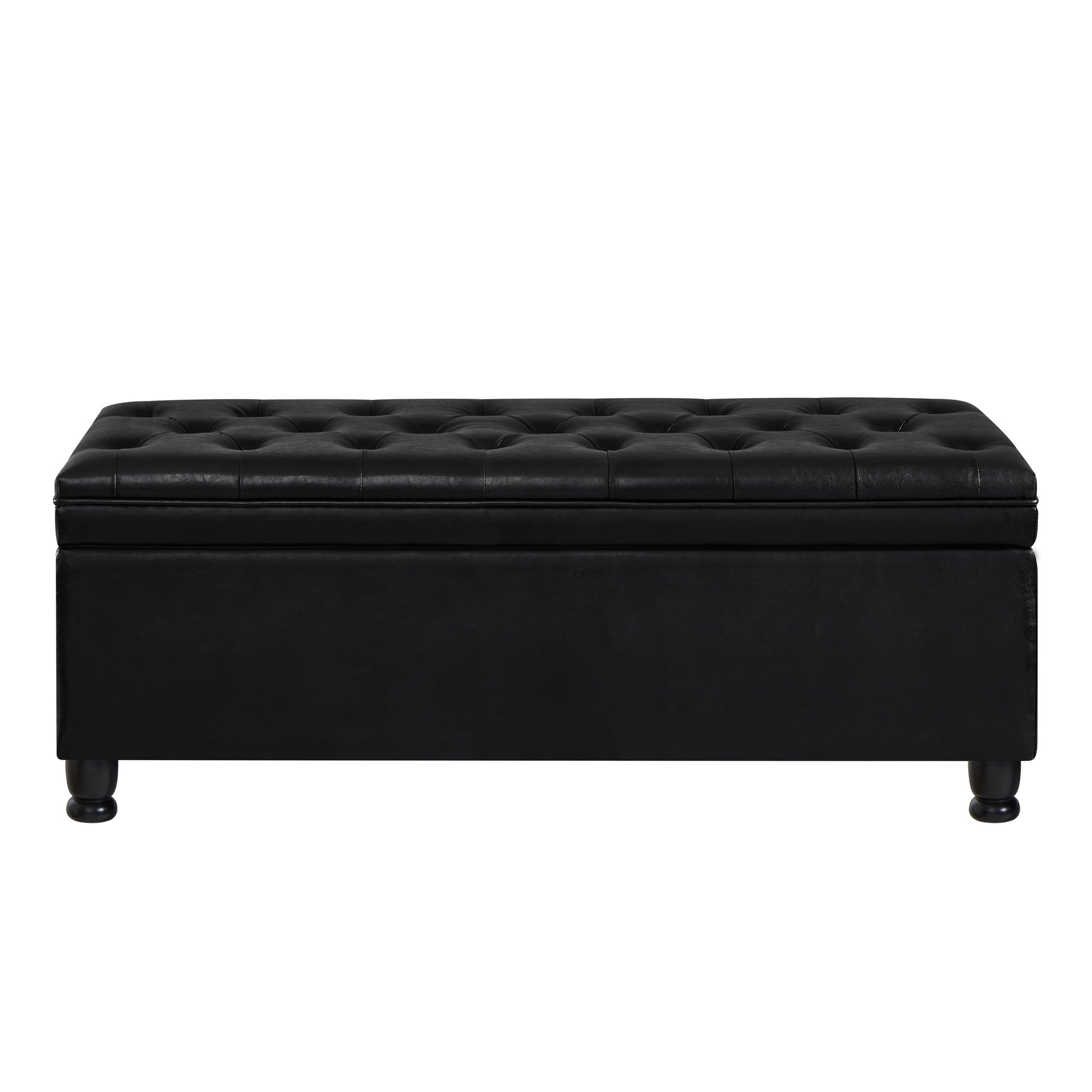 Upholstered tufted button storage bench ,Faux leather entry bench with spindle wooden legs, Bed bench- Black