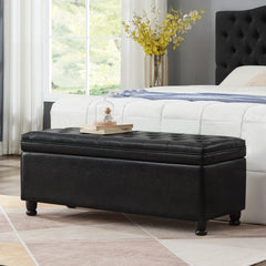 Upholstered tufted button storage bench ,Faux leather entry bench with spindle wooden legs, Bed bench- Black