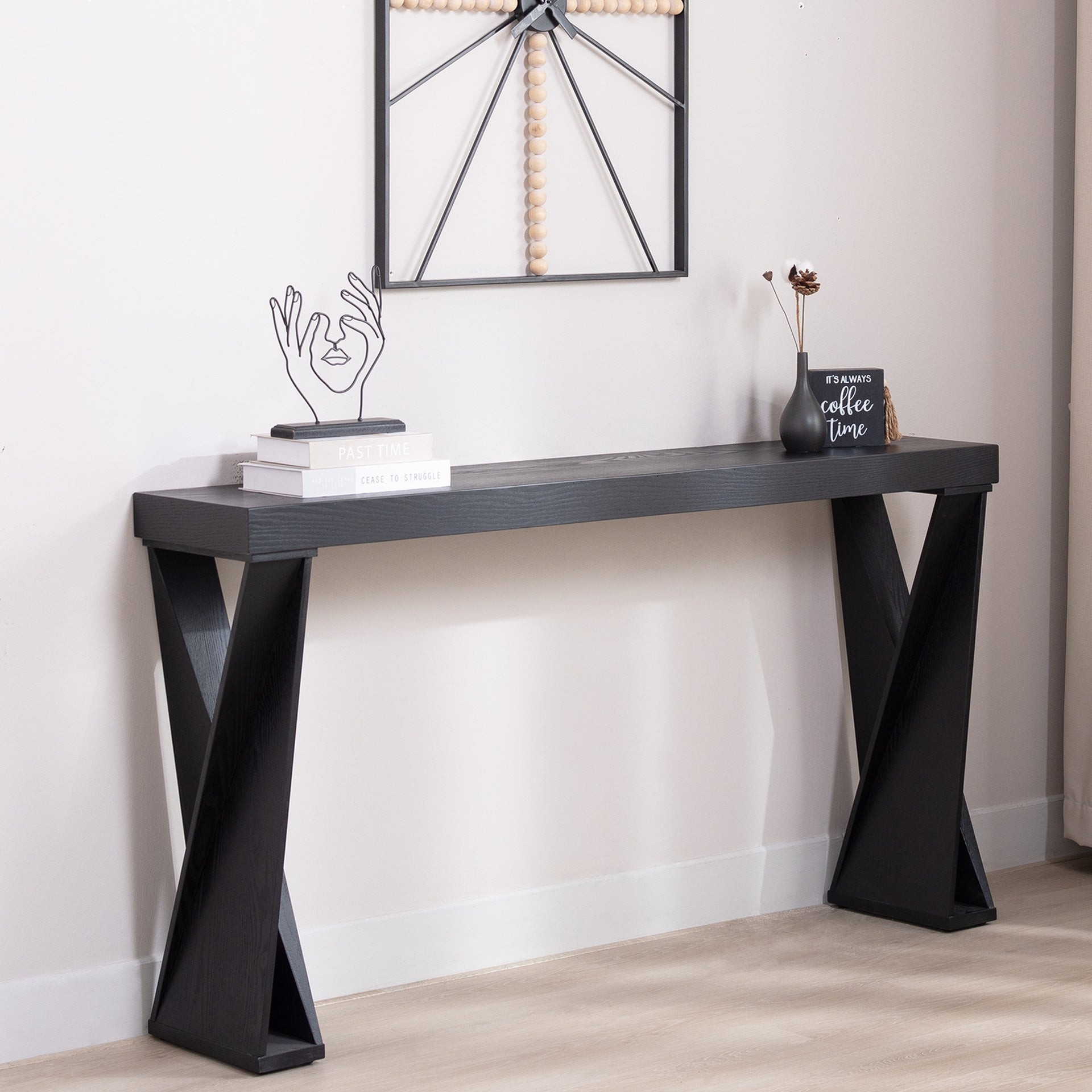 Modern Console Table – 58.3" Narrow Entryway Table, Black Manufactured Wood Sofa Table with Crossed Legs for Hallway, Living Room, or Office
