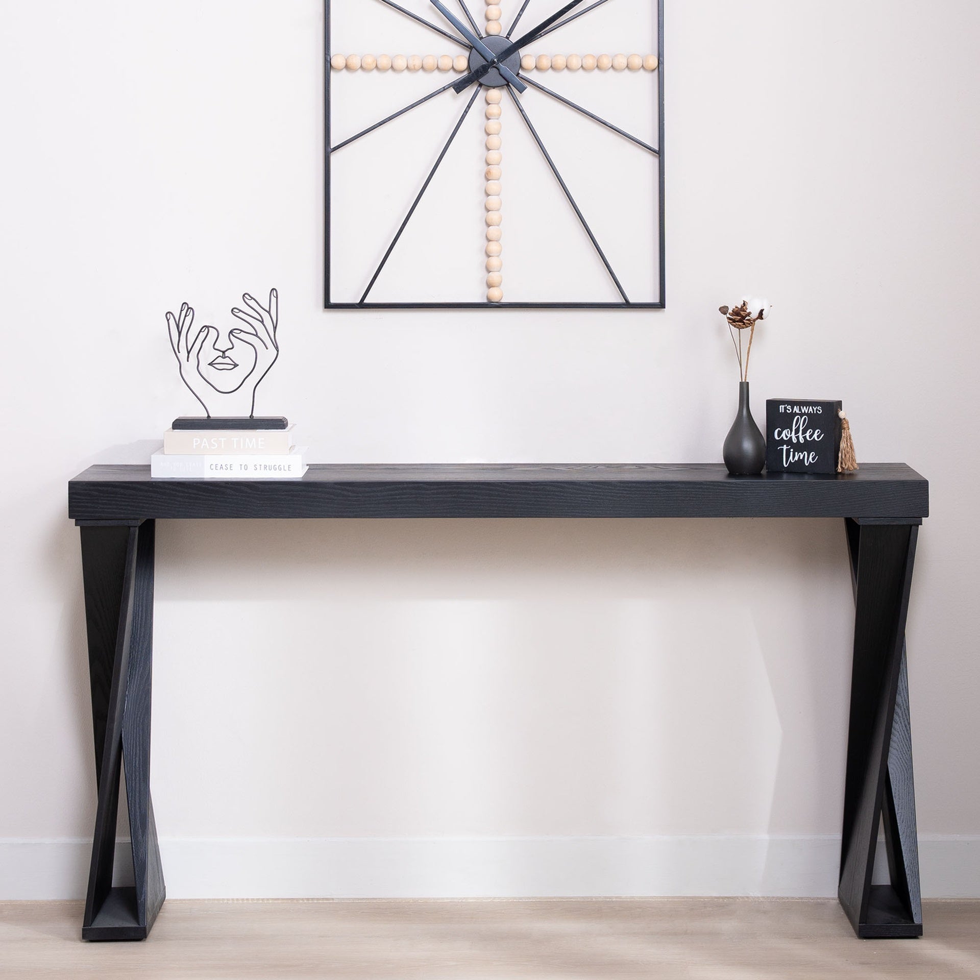 Modern Console Table – 58.3" Narrow Entryway Table, Black Manufactured Wood Sofa Table with Crossed Legs for Hallway, Living Room, or Office