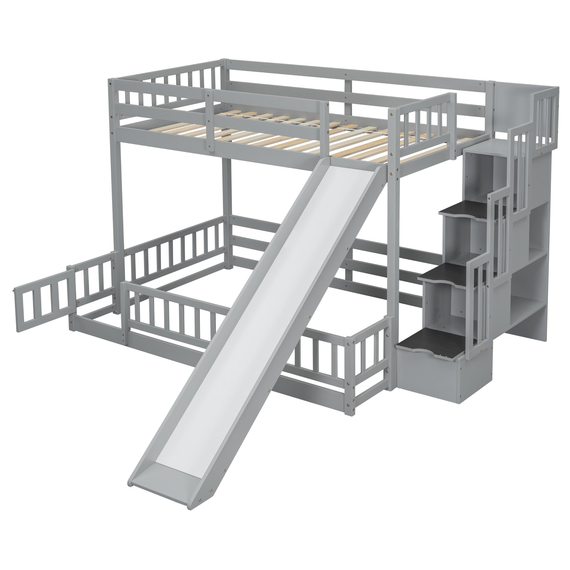 Twin Over Full Bunk Bed with Slide, Storage Staircase, Pine Solid Wooden Bunk Bed with Safety Guardrails ,Grey