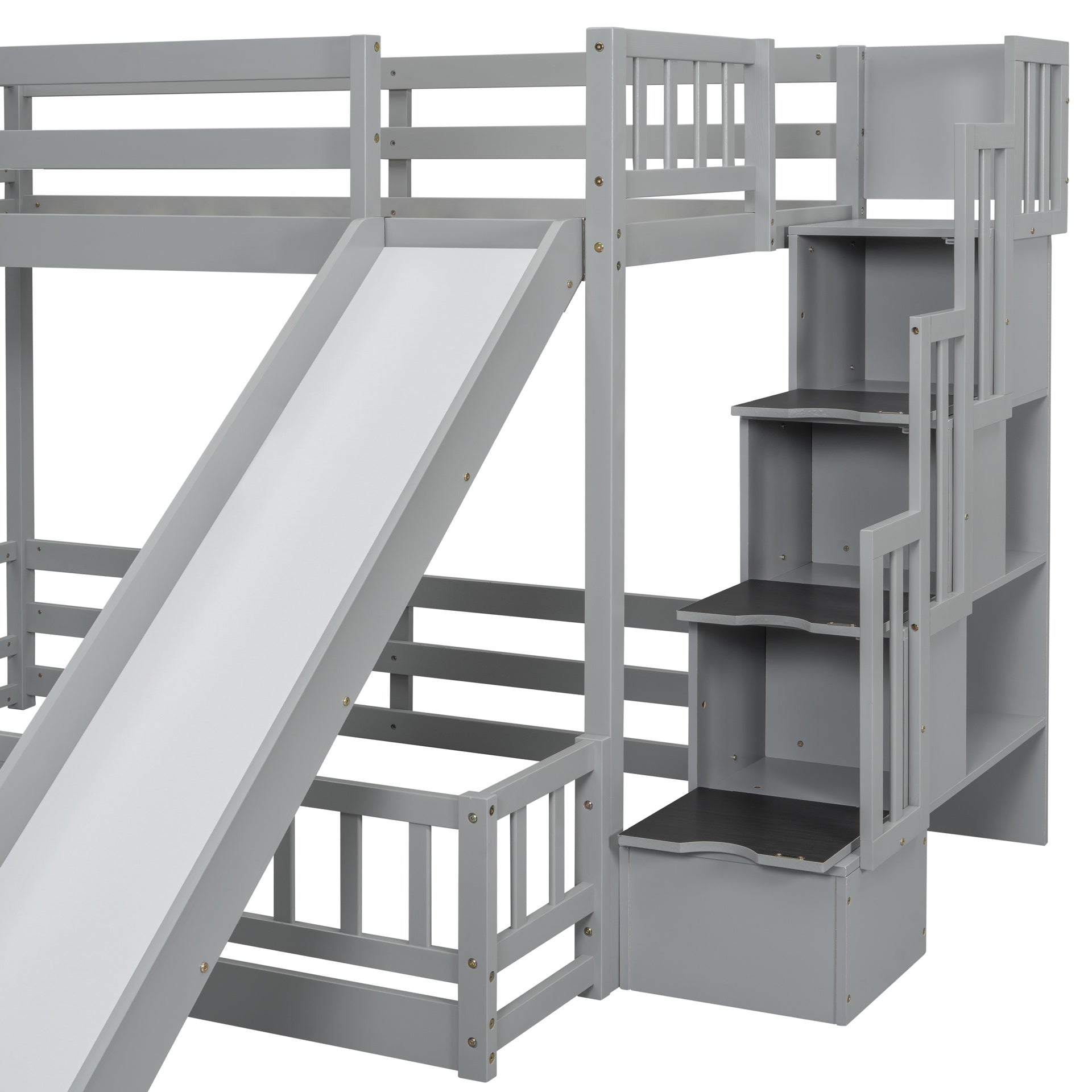Twin Over Full Bunk Bed with Slide, Storage Staircase, Pine Solid Wooden Bunk Bed with Safety Guardrails ,Grey
