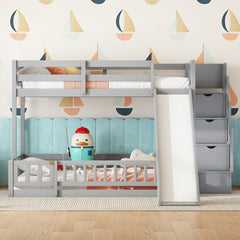Twin Over Full Bunk Bed with Slide, Storage Staircase, Pine Solid Wooden Bunk Bed with Safety Guardrails ,Grey