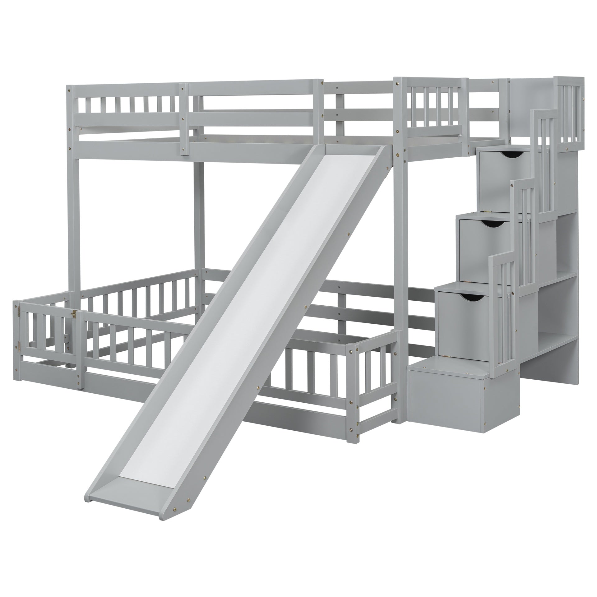 Twin Over Full Bunk Bed with Slide, Storage Staircase, Pine Solid Wooden Bunk Bed with Safety Guardrails ,Grey