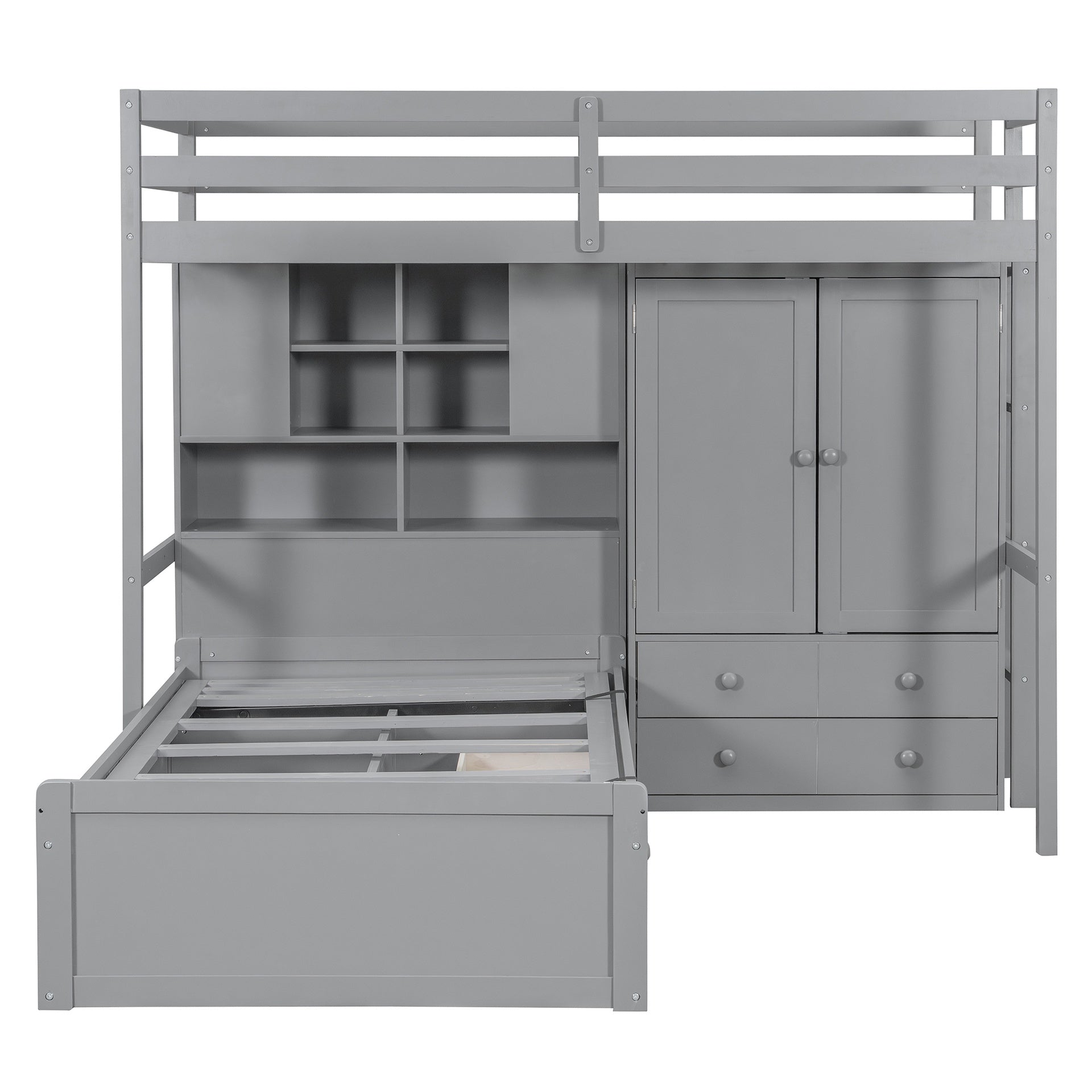 Twin Bunk Bed with Drawers, Wardrobe, Storage Shelves and Hydraulic Bed,Gray
