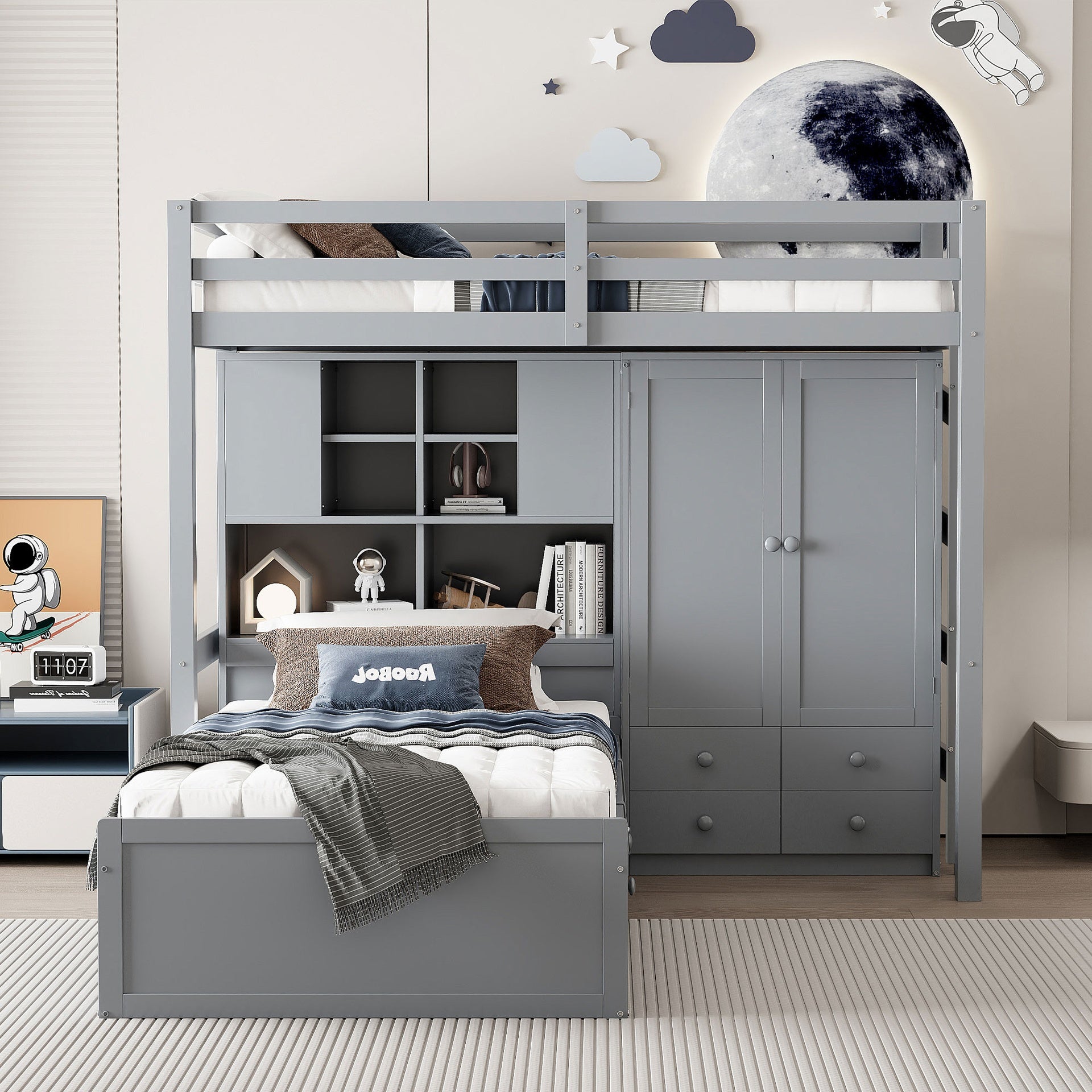 Twin Bunk Bed with Drawers, Wardrobe, Storage Shelves and Hydraulic Bed,Gray
