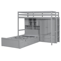 Twin Bunk Bed with Drawers, Wardrobe, Storage Shelves and Hydraulic Bed,Gray