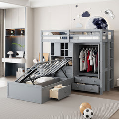 Twin Bunk Bed with Drawers, Wardrobe, Storage Shelves and Hydraulic Bed,Gray