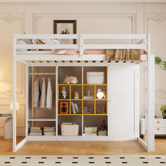 Full Size Wood Loft Bed with Wardrobe, shelves and  Cabinet, White+Yellow