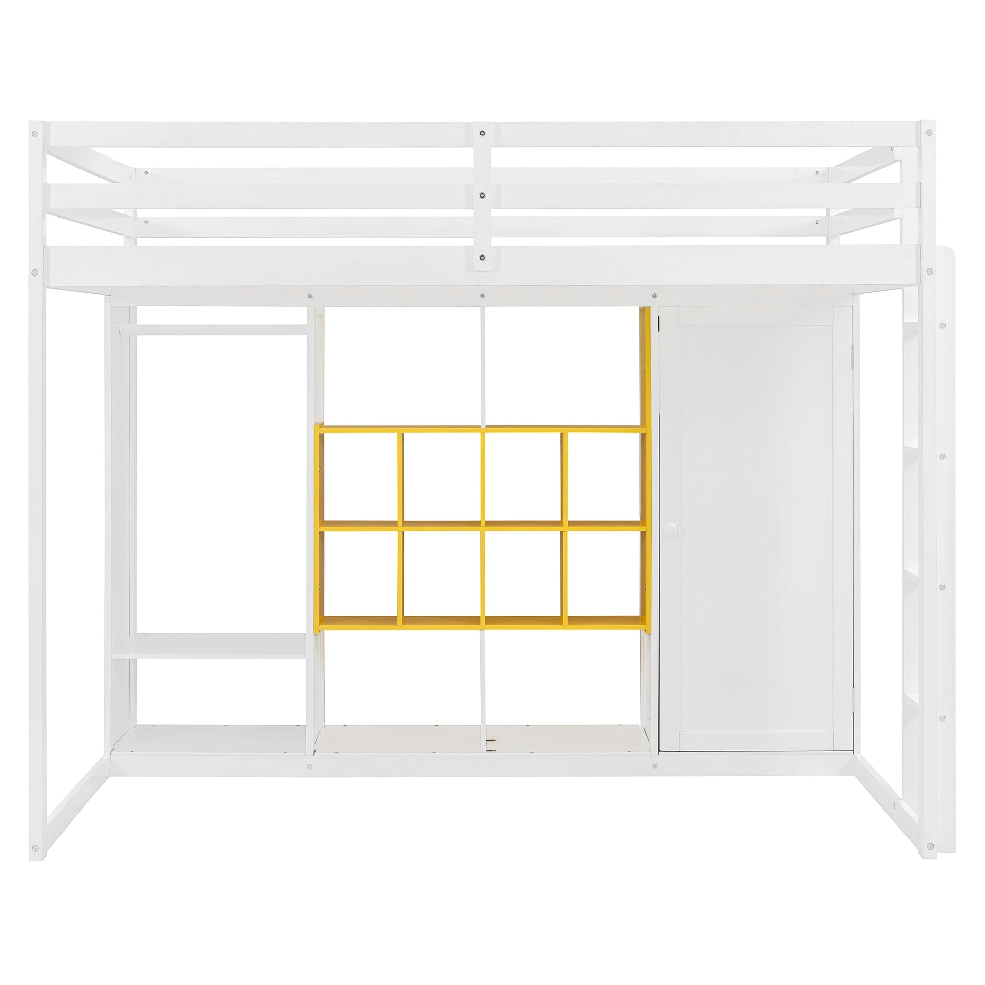 Full Size Wood Loft Bed with Wardrobe, shelves and  Cabinet, White+Yellow