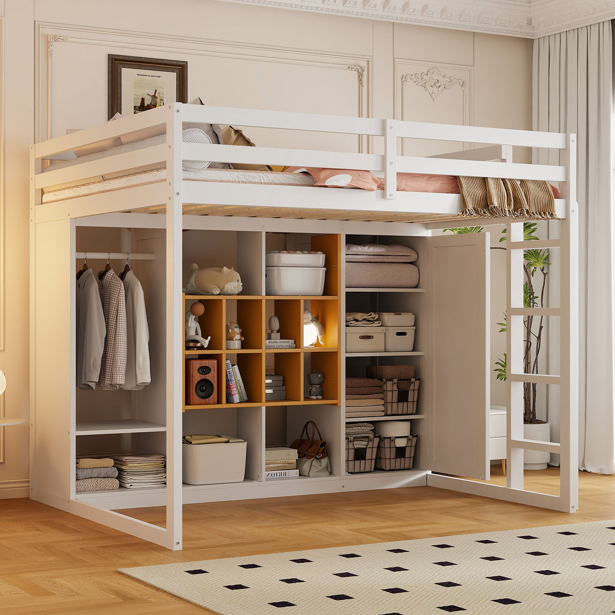 Full Size Wood Loft Bed with Wardrobe, shelves and  Cabinet, White+Yellow