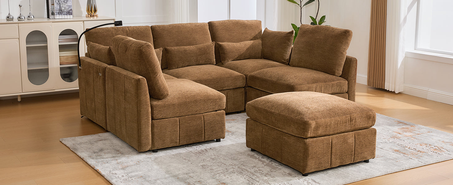 Modern Sectional Sofa Modular Sofa 85.4" U-shaped Sofa Couch Sofa Bed L-shaped Sofa with a Movable Ottoman and Two USB Ports and a Phone Holder for Living Room, Brown