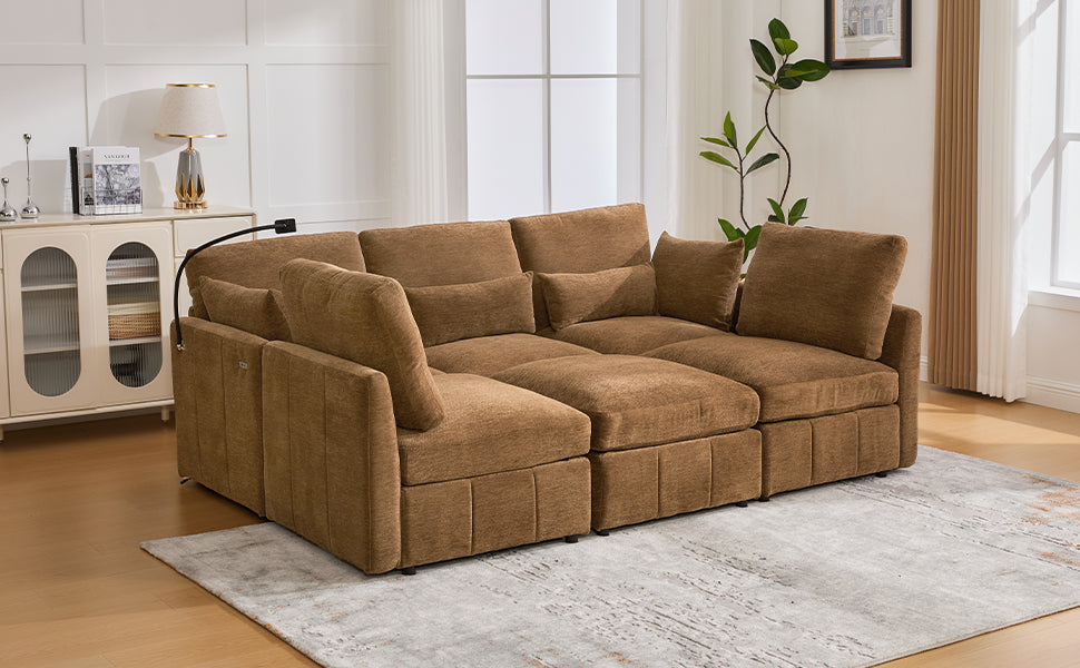 Modern Sectional Sofa Modular Sofa 85.4" U-shaped Sofa Couch Sofa Bed L-shaped Sofa with a Movable Ottoman and Two USB Ports and a Phone Holder for Living Room, Brown
