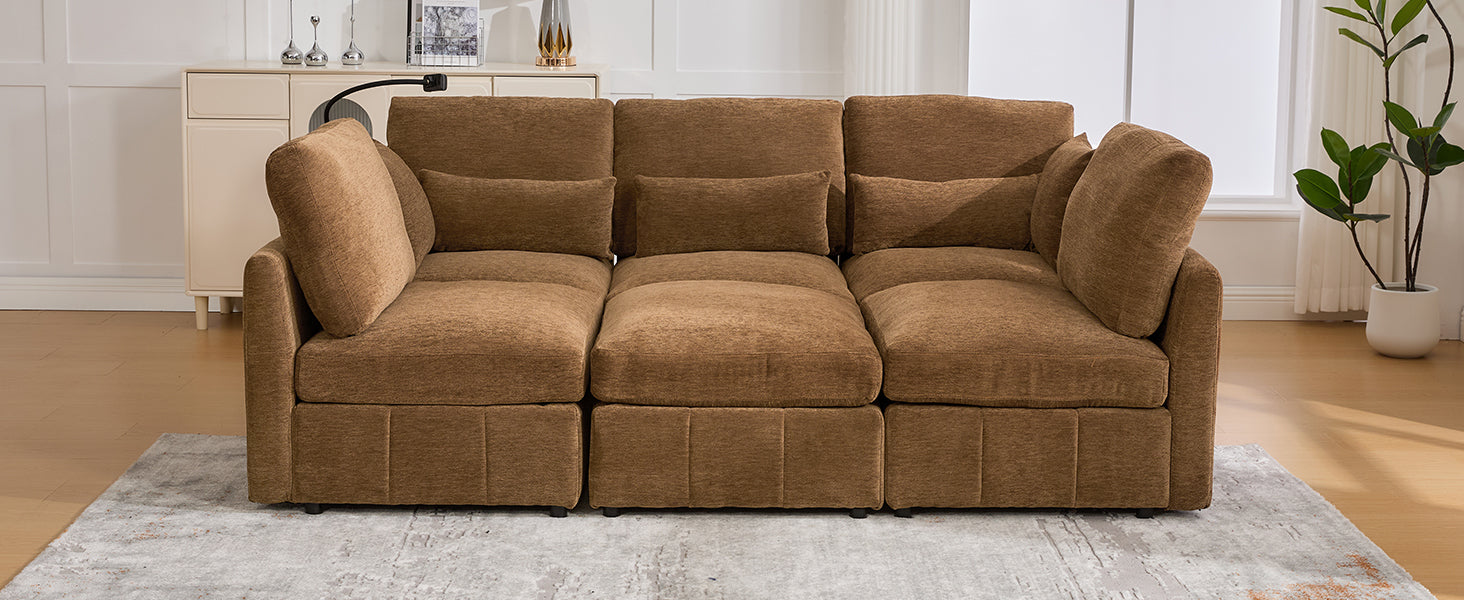 Modern Sectional Sofa Modular Sofa 85.4" U-shaped Sofa Couch Sofa Bed L-shaped Sofa with a Movable Ottoman and Two USB Ports and a Phone Holder for Living Room, Brown