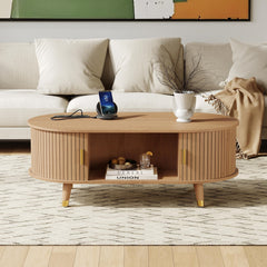 [Assembly Video] 42.5"W Wooden Oval Fluted Coffee Table with Charging Station, Mid-Century Center Table with Sliding Tambour Door,Farmhouse Cocktail Table for Living Room, Natural/Teak