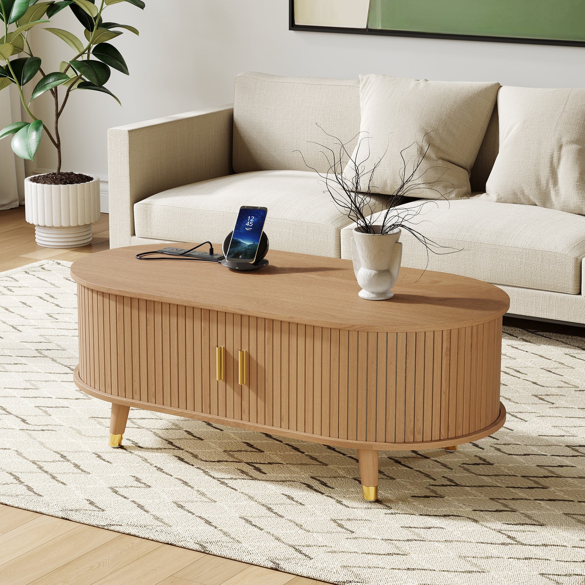 [Assembly Video] 42.5"W Wooden Oval Fluted Coffee Table with Charging Station, Mid-Century Center Table with Sliding Tambour Door,Farmhouse Cocktail Table for Living Room, Natural/Teak