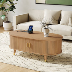 [Assembly Video] 42.5"W Wooden Oval Fluted Coffee Table with Charging Station, Mid-Century Center Table with Sliding Tambour Door,Farmhouse Cocktail Table for Living Room, Natural/Teak