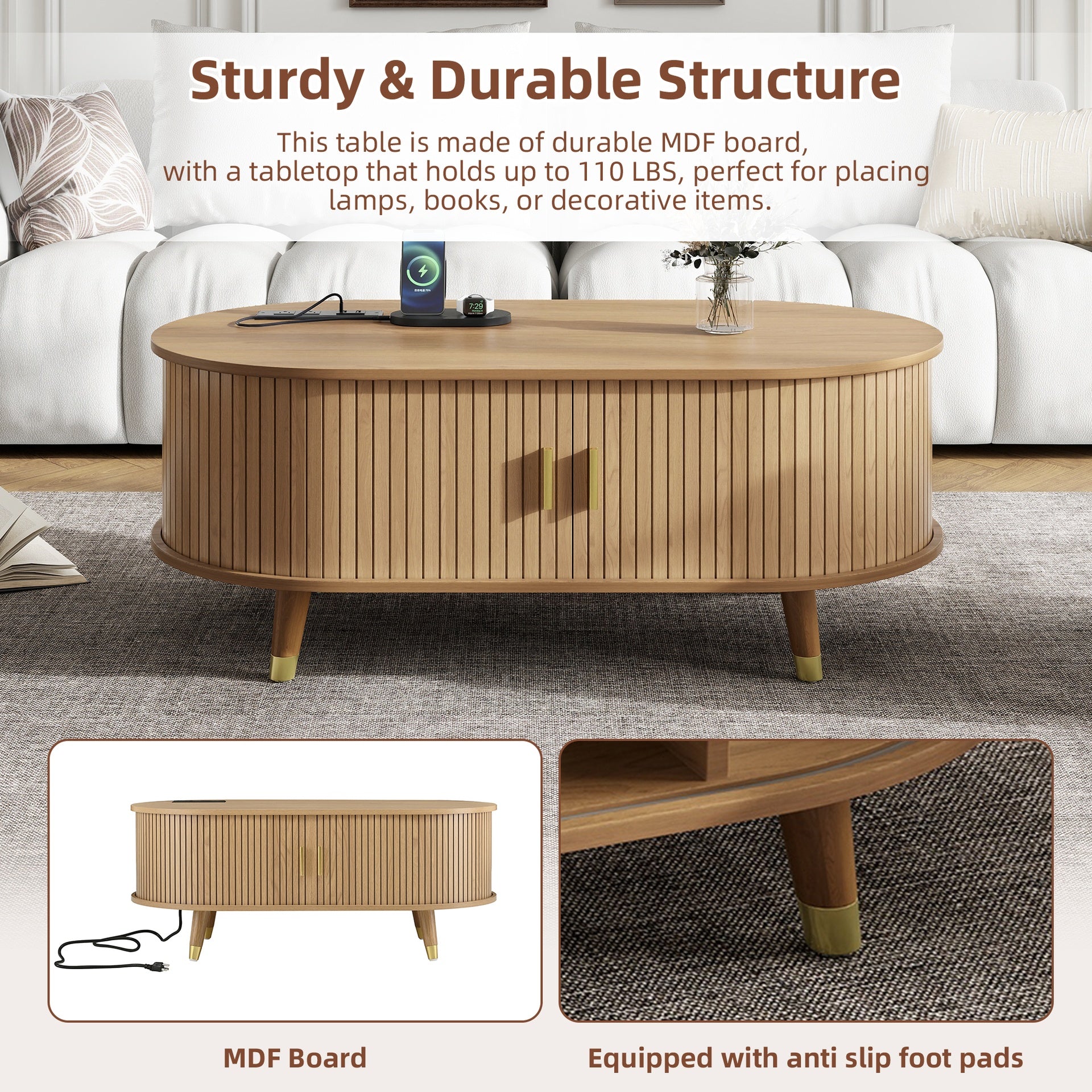 [Assembly Video] 42.5"W Wooden Oval Fluted Coffee Table with Charging Station, Mid-Century Center Table with Sliding Tambour Door,Farmhouse Cocktail Table for Living Room, Natural/Teak