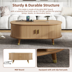 [Assembly Video] 42.5"W Wooden Oval Fluted Coffee Table with Charging Station, Mid-Century Center Table with Sliding Tambour Door,Farmhouse Cocktail Table for Living Room, Natural/Teak