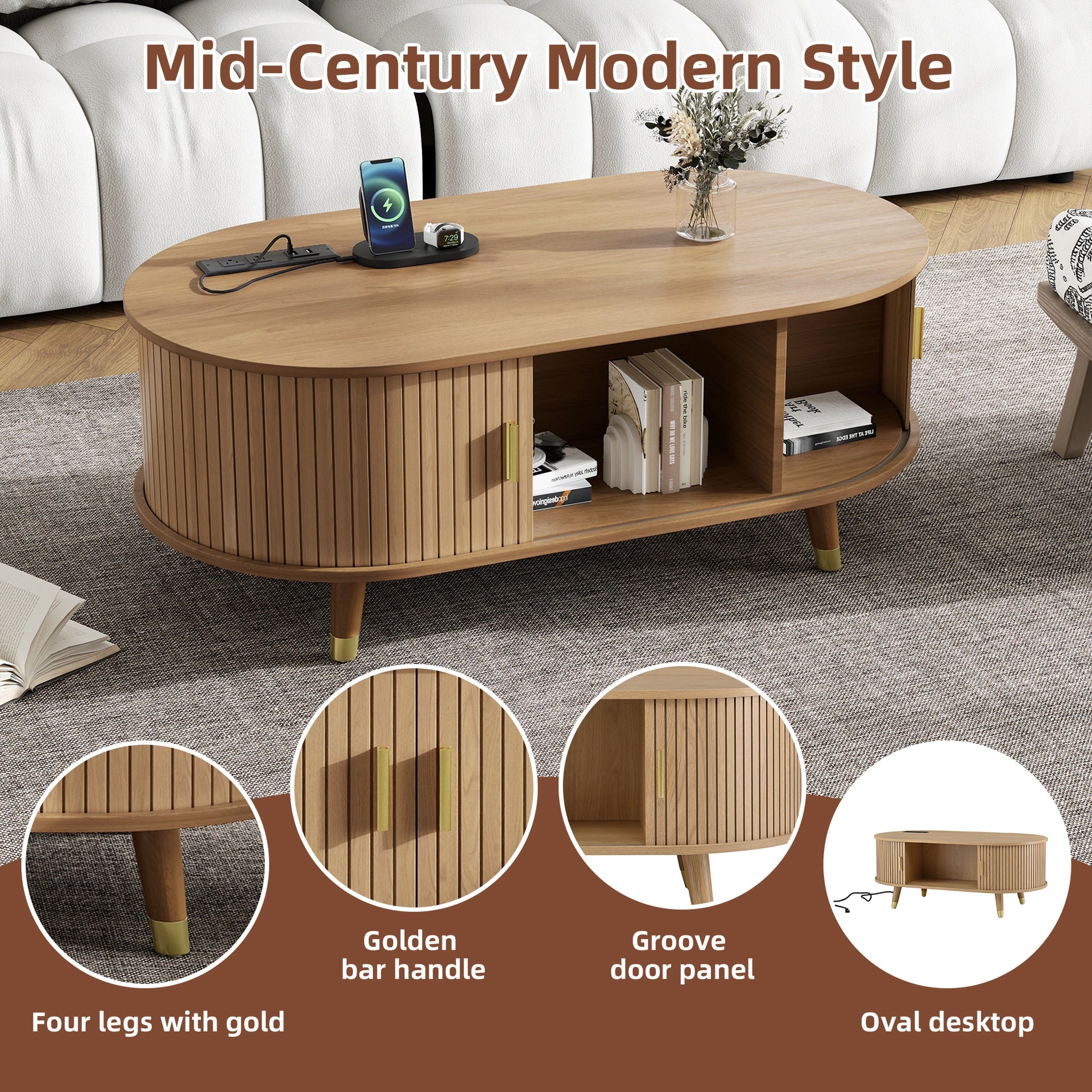 [Assembly Video] 42.5"W Wooden Oval Fluted Coffee Table with Charging Station, Mid-Century Center Table with Sliding Tambour Door,Farmhouse Cocktail Table for Living Room, Natural/Teak