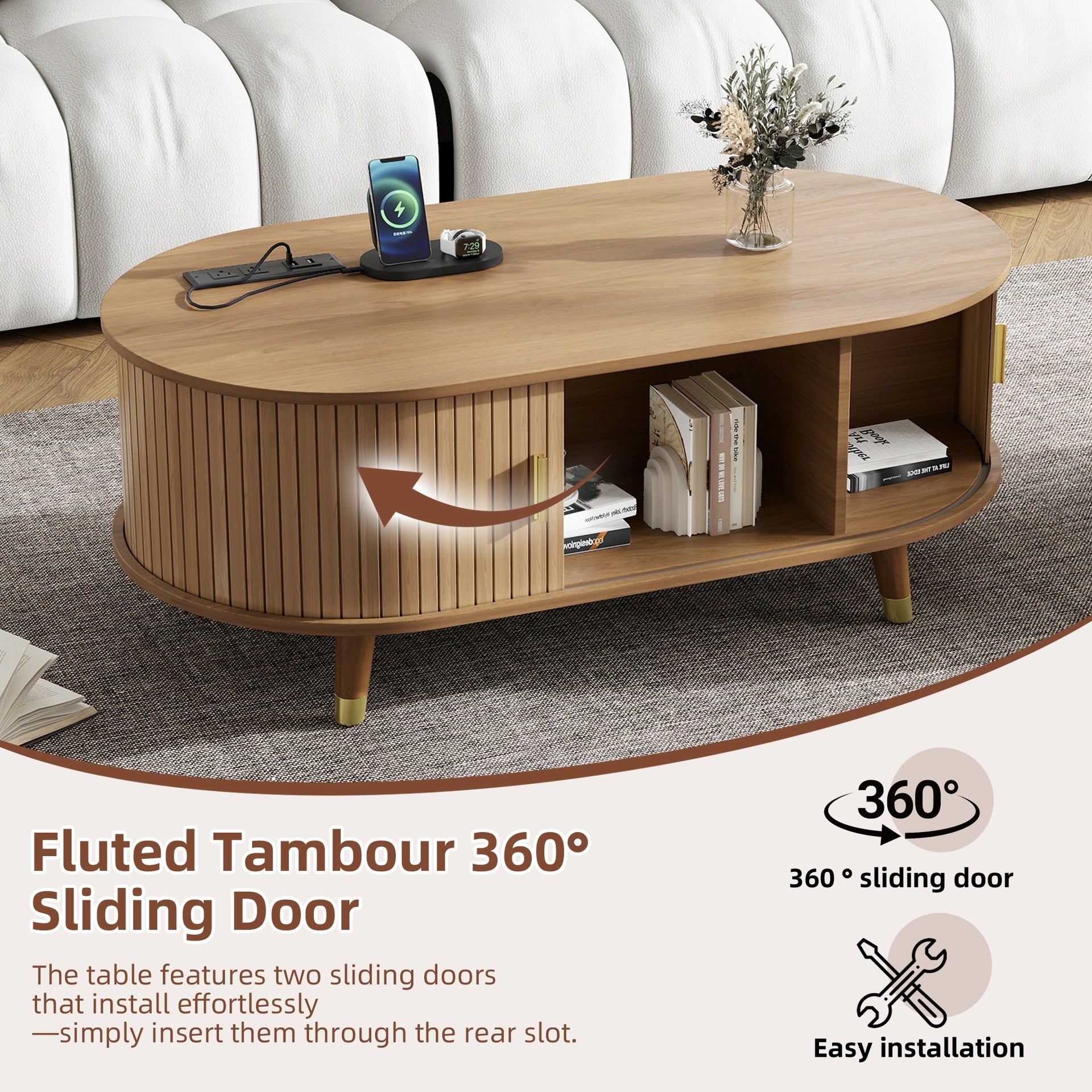 [Assembly Video] 42.5"W Wooden Oval Fluted Coffee Table with Charging Station, Mid-Century Center Table with Sliding Tambour Door,Farmhouse Cocktail Table for Living Room, Natural/Teak