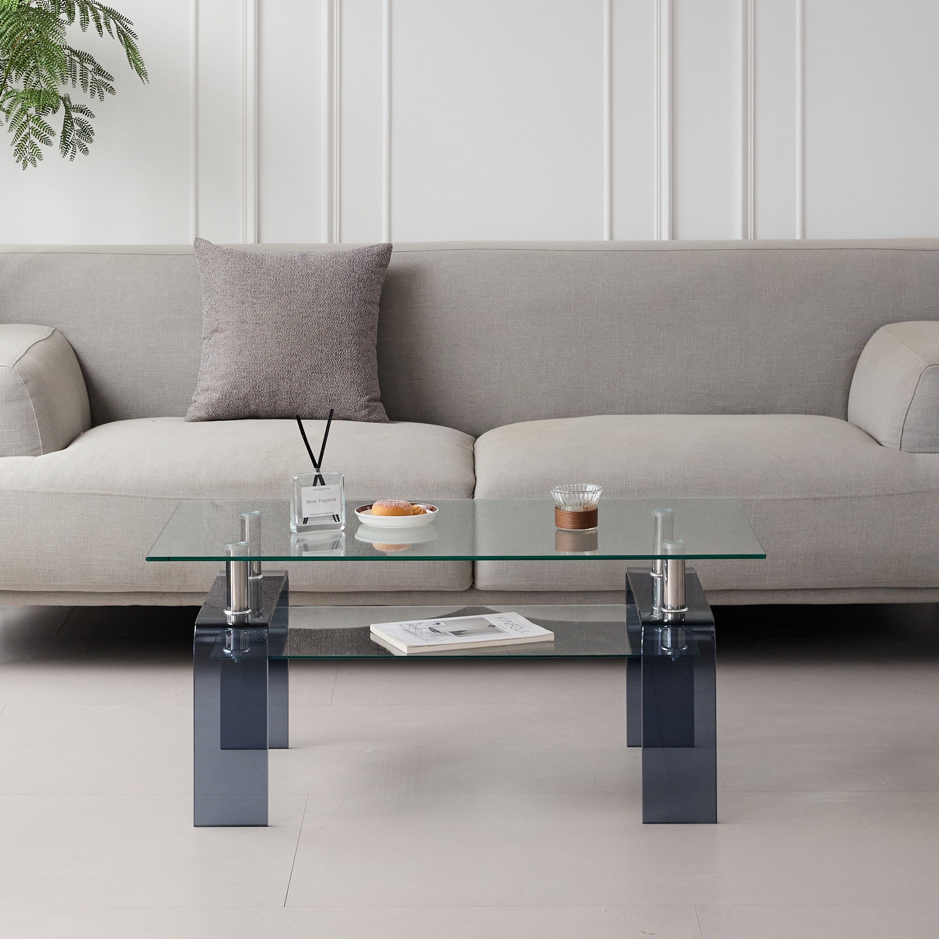 Tempered Glass Coffee Table, Modern Glass Coffee Table for Living Room, 2-Tier Storage Center Coffee Table with Smoke Legs