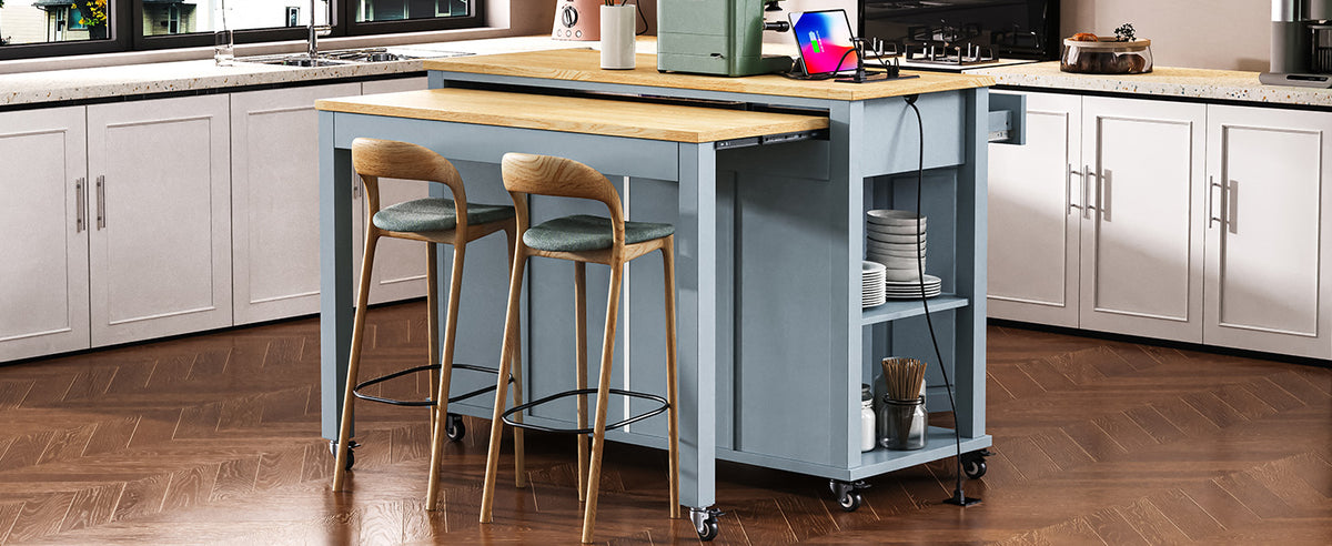 K&K 47 inch Kitchen Island with Extendable Dining Table, Rubber Wood Veneer Kitchen Table with Internal Storage Rack, Power Outlet, Kitchen island with Storage 2 Drawers 2 Cabinet,Grey Blue