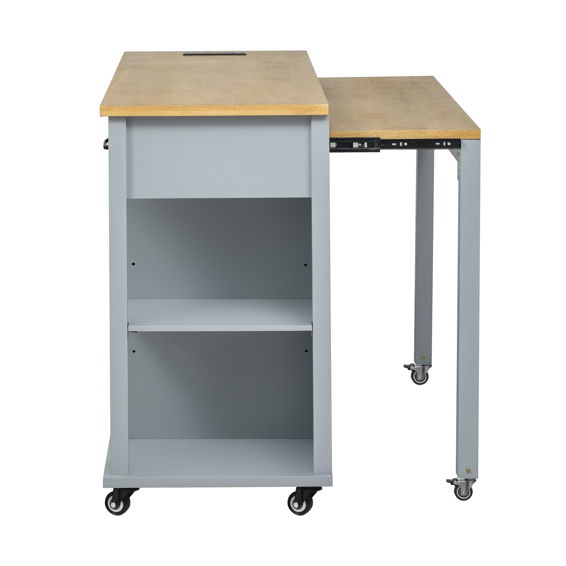 K&K 47 inch Kitchen Island with Extendable Dining Table, Rubber Wood Veneer Kitchen Table with Internal Storage Rack, Power Outlet, Kitchen island with Storage 2 Drawers 2 Cabinet,Grey Blue